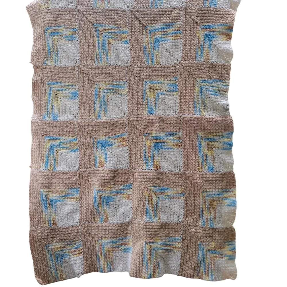 Vintage Handmade Crochet Throw Blanket Tan Blue Cream Log Cabin Square 24x32‎